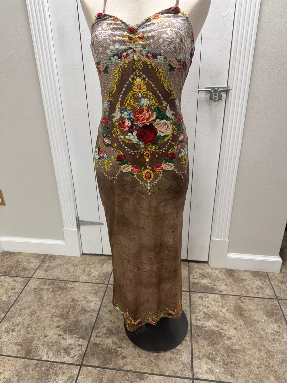 Floral Embroidered print  Brown Maxi Slip Dress